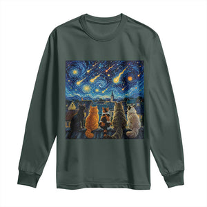 Starry Night Cats Watching Meteors Long Sleeve Shirt Astronomy Lover Gift TS12 Dark Forest Green Print Your Wear