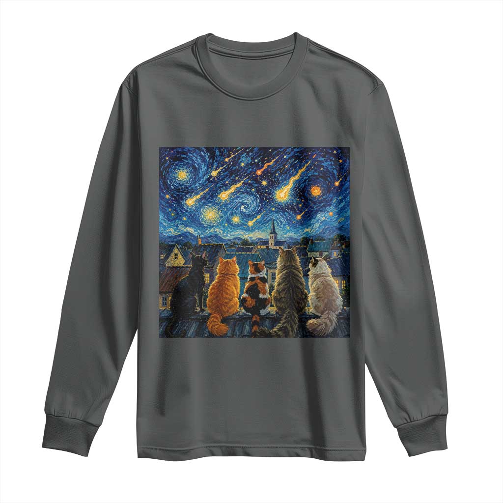 Starry Night Cats Watching Meteors Long Sleeve Shirt Astronomy Lover Gift TS12 Dark Heather Print Your Wear