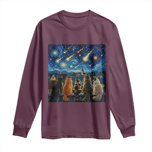 Starry Night Cats Watching Meteors Long Sleeve Shirt Astronomy Lover Gift TS12 Maroon Print Your Wear