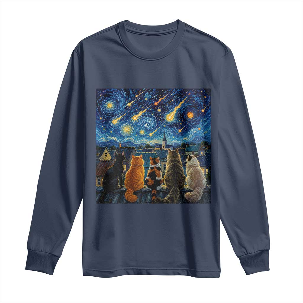 Starry Night Cats Watching Meteors Long Sleeve Shirt Astronomy Lover Gift TS12 Navy Print Your Wear