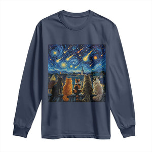 Starry Night Cats Watching Meteors Long Sleeve Shirt Astronomy Lover Gift TS12 Navy Print Your Wear