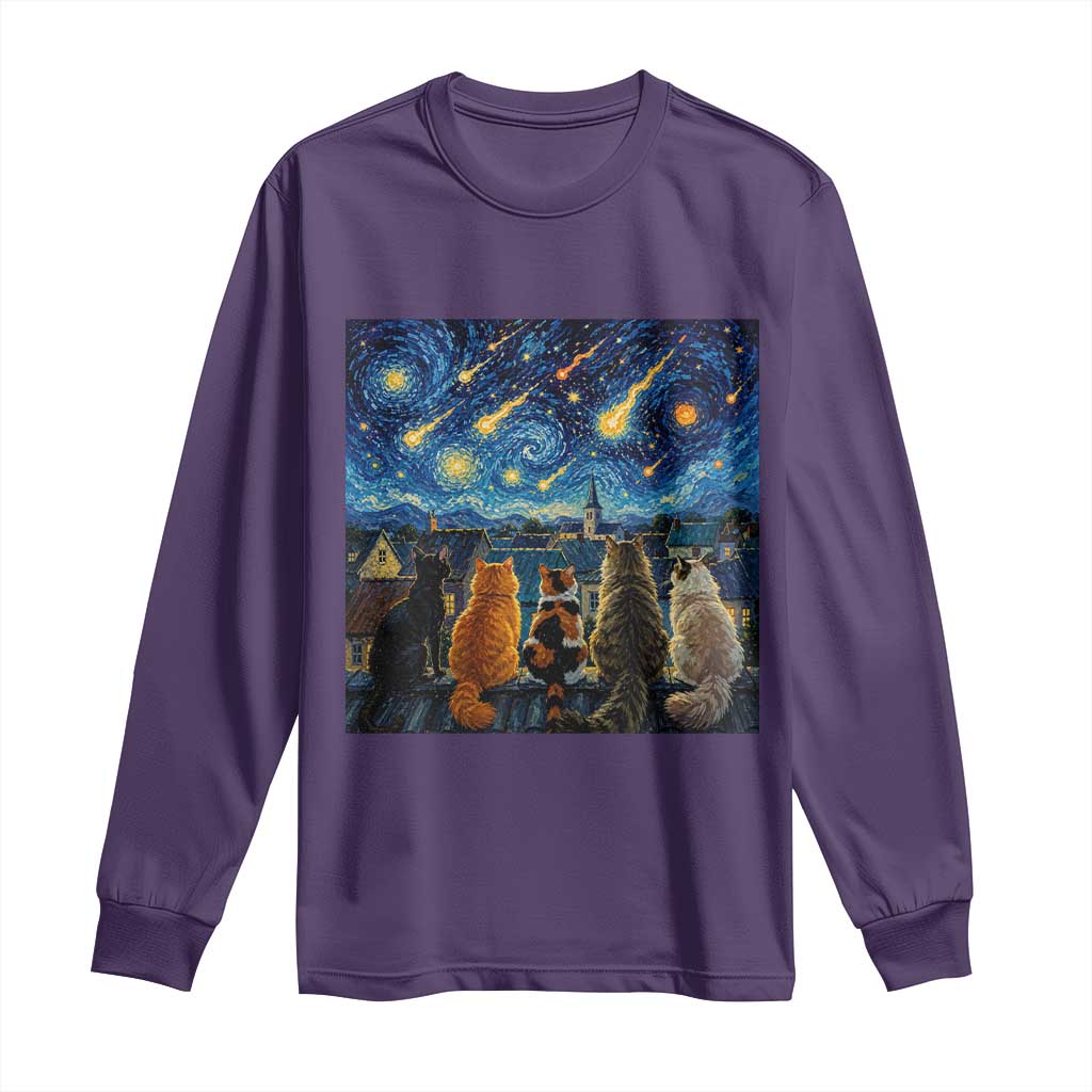 Starry Night Cats Watching Meteors Long Sleeve Shirt Astronomy Lover Gift TS12 Purple Print Your Wear