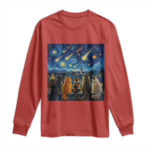 Starry Night Cats Watching Meteors Long Sleeve Shirt Astronomy Lover Gift TS12 Red Print Your Wear