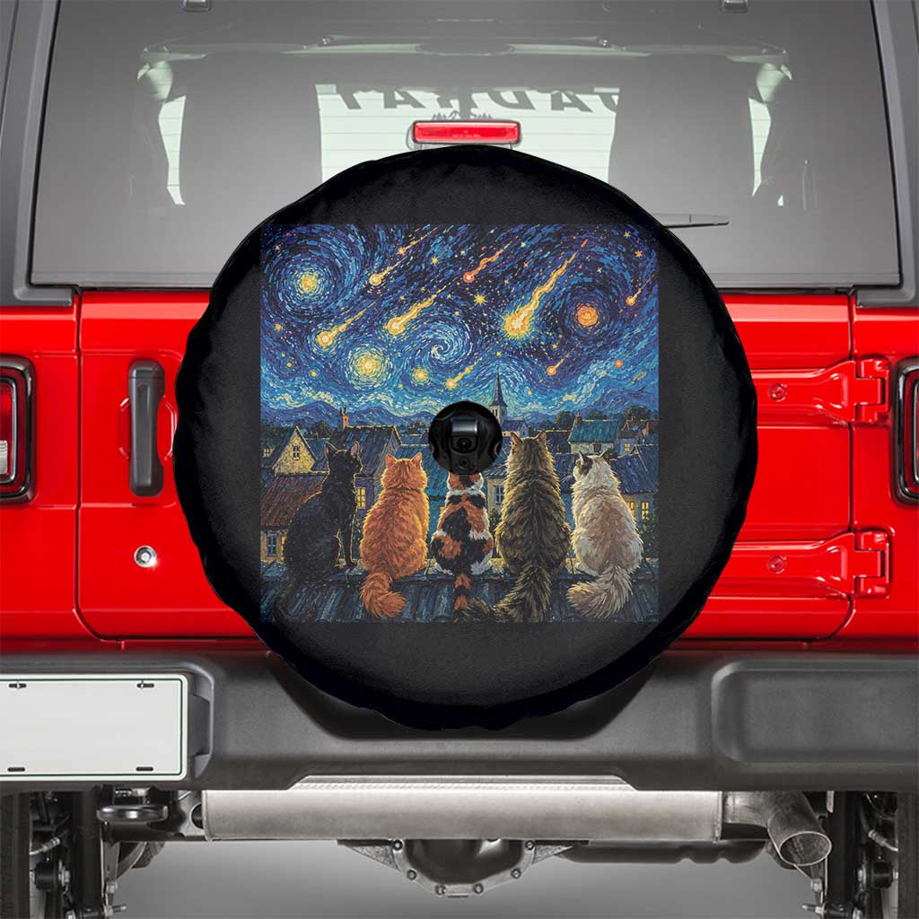 Starry Night Cats Watching Meteors Spare Tire Cover Astronomy Lover Gift TS12 Black Print Your Wear