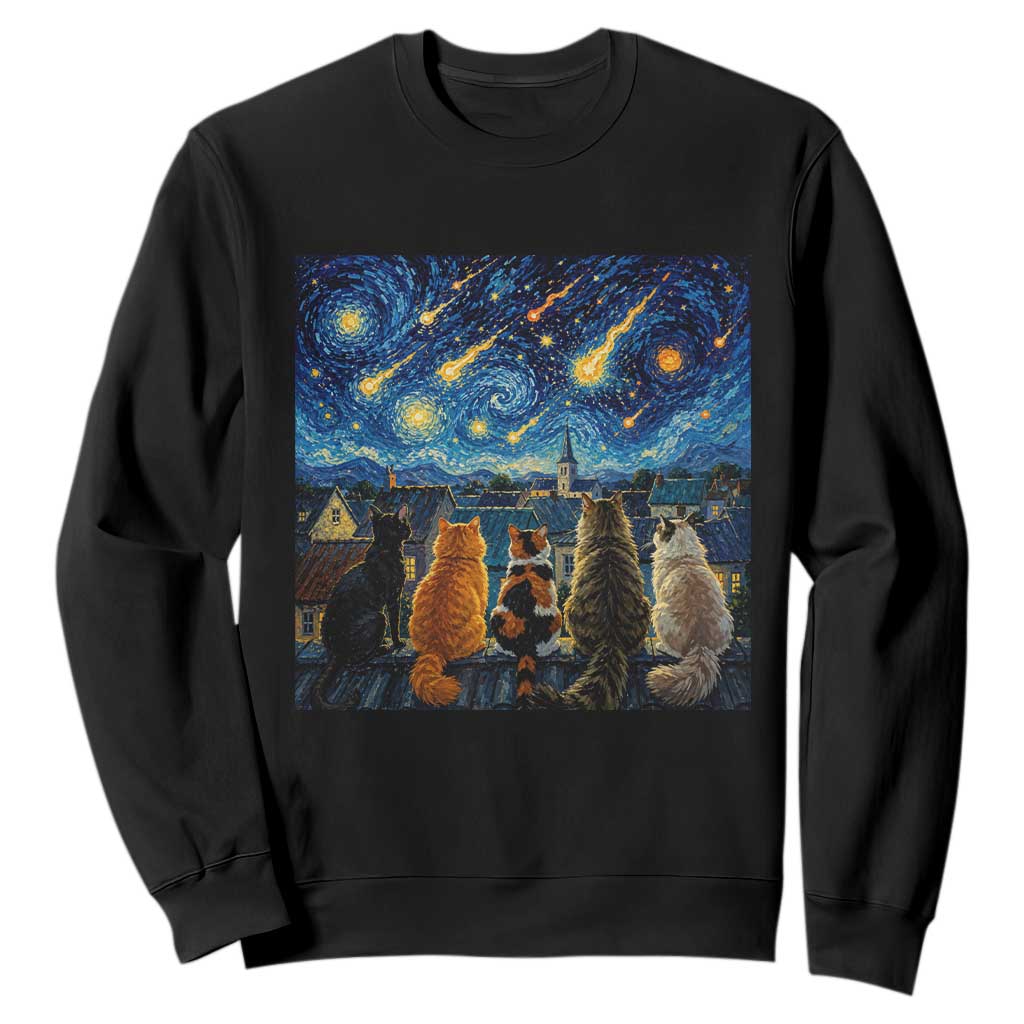 Starry Night Cats Watching Meteors Sweatshirt Astronomy Lover Gift TS12 Black Print Your Wear