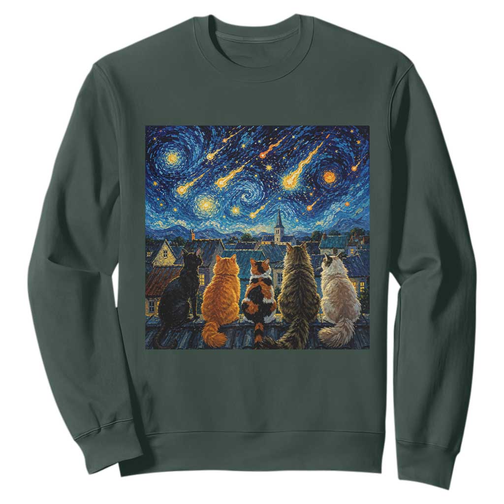 Starry Night Cats Watching Meteors Sweatshirt Astronomy Lover Gift TS12 Dark Forest Green Print Your Wear