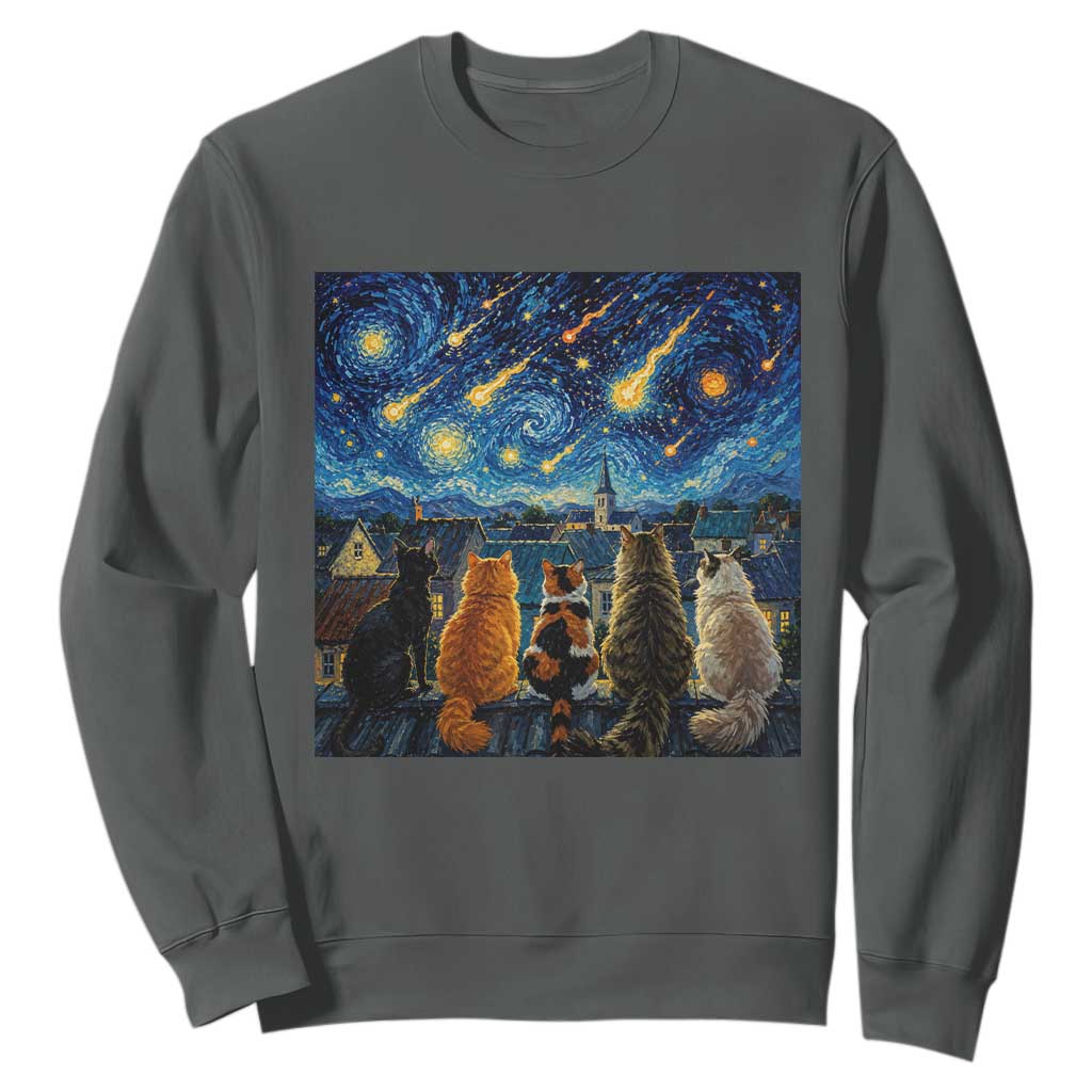 Starry Night Cats Watching Meteors Sweatshirt Astronomy Lover Gift TS12 Dark Heather Print Your Wear