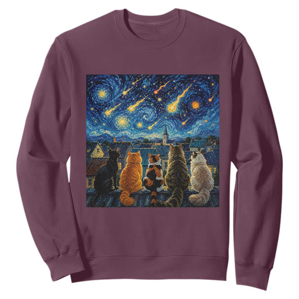 Starry Night Cats Watching Meteors Sweatshirt Astronomy Lover Gift TS12 Maroon Print Your Wear
