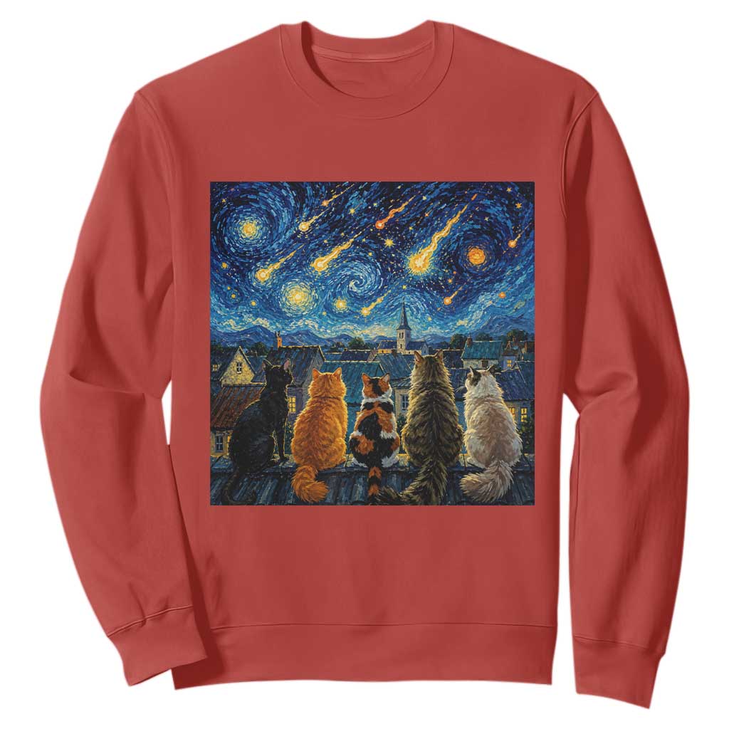 Starry Night Cats Watching Meteors Sweatshirt Astronomy Lover Gift TS12 Red Print Your Wear