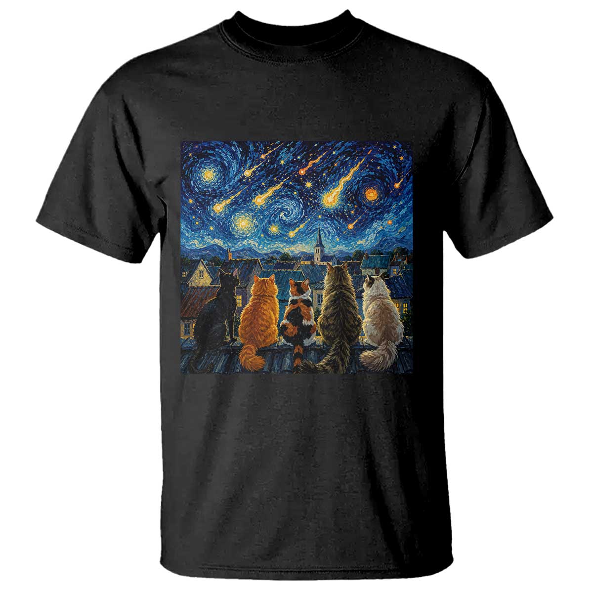 Starry Night Cats Watching Meteors T Shirt Astronomy Lover Gift TS12 Black Print Your Wear
