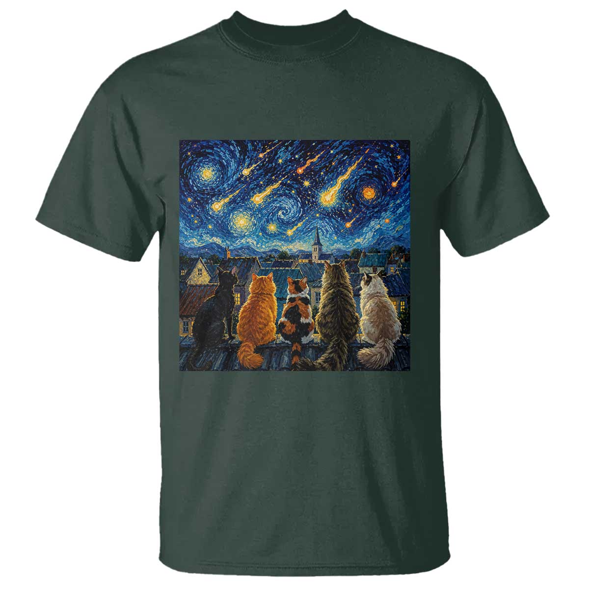 Starry Night Cats Watching Meteors T Shirt Astronomy Lover Gift TS12 Dark Forest Green Print Your Wear
