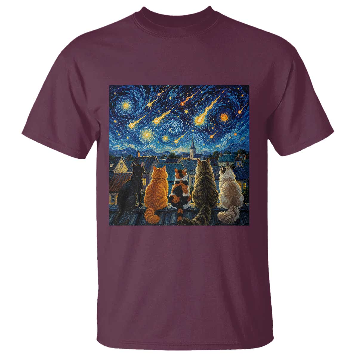 Starry Night Cats Watching Meteors T Shirt Astronomy Lover Gift TS12 Maroon Print Your Wear