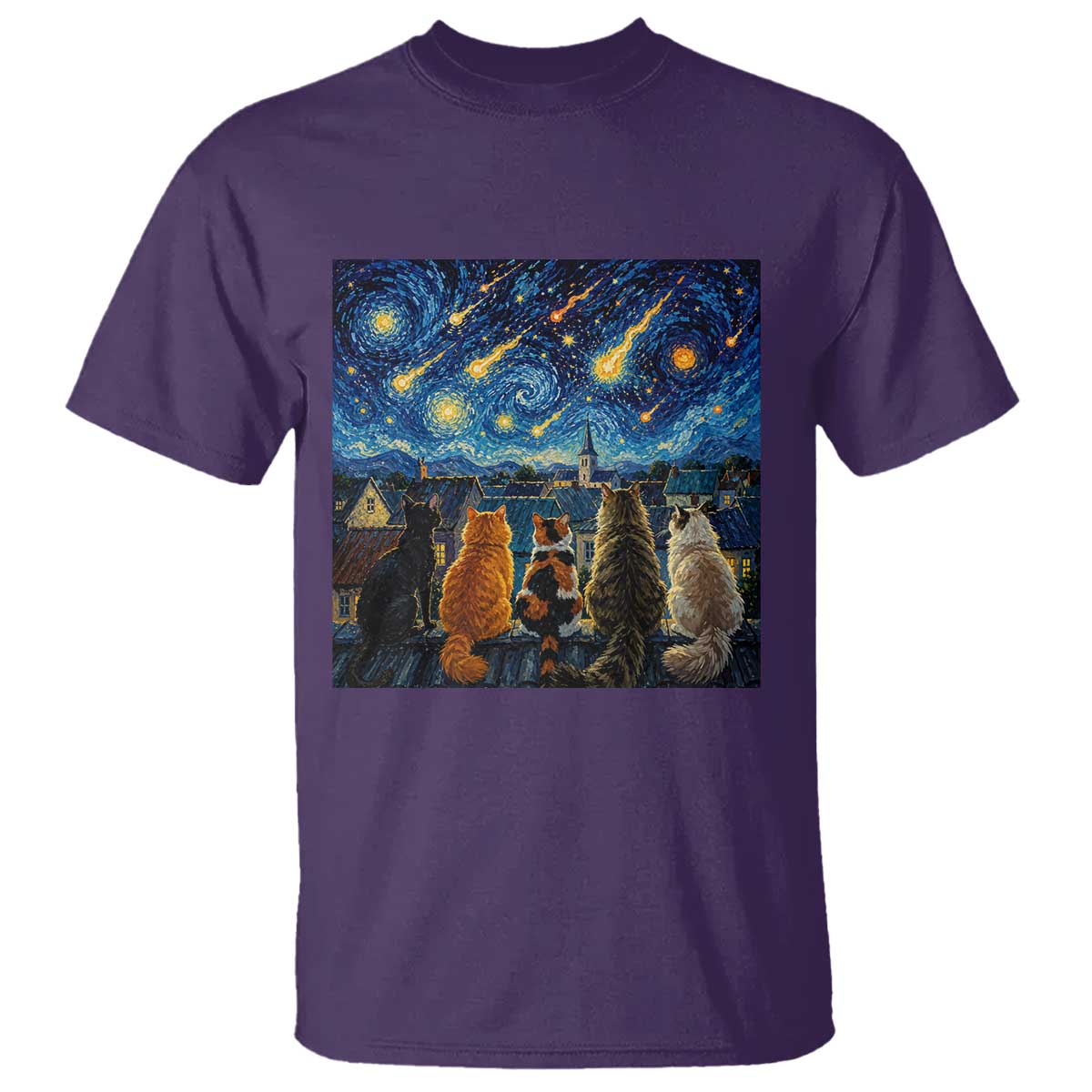 Starry Night Cats Watching Meteors T Shirt Astronomy Lover Gift TS12 Purple Print Your Wear