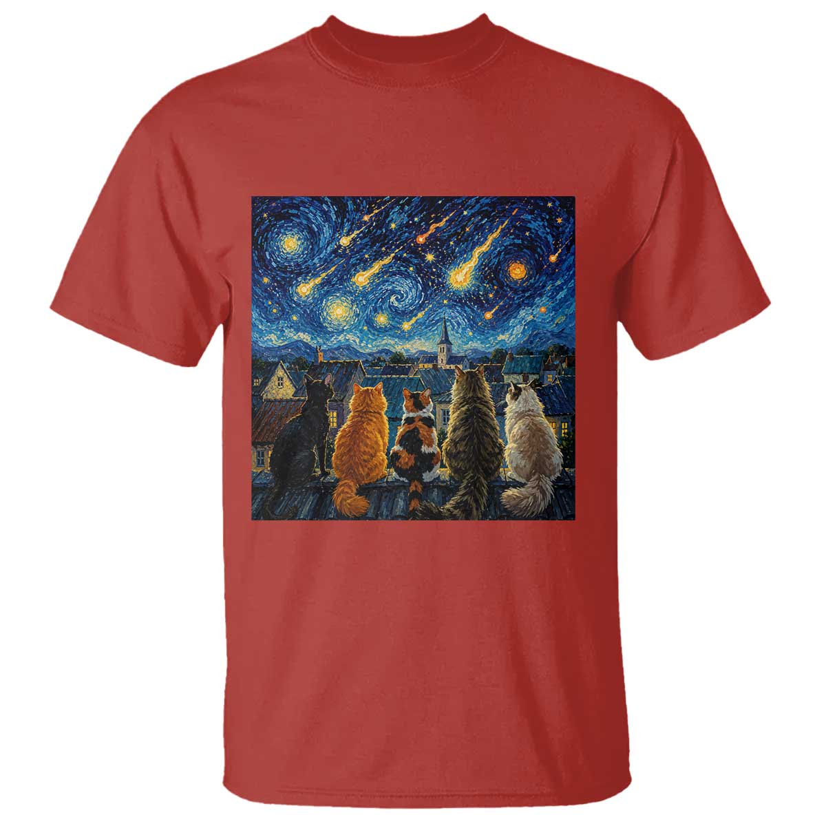 Starry Night Cats Watching Meteors T Shirt Astronomy Lover Gift TS12 Red Print Your Wear