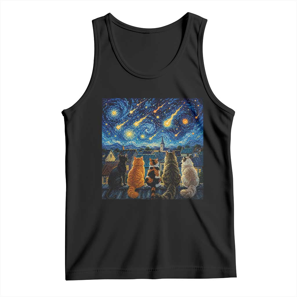 Starry Night Cats Watching Meteors Tank Top Astronomy Lover Gift TS12 Black Print Your Wear