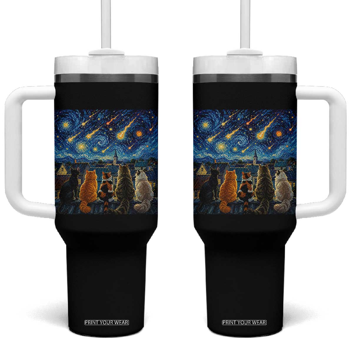 Starry Night Cats Watching Meteors Tumbler With Handle Astronomy Lover Gift TS12 One Size: 40 oz Black Print Your Wear