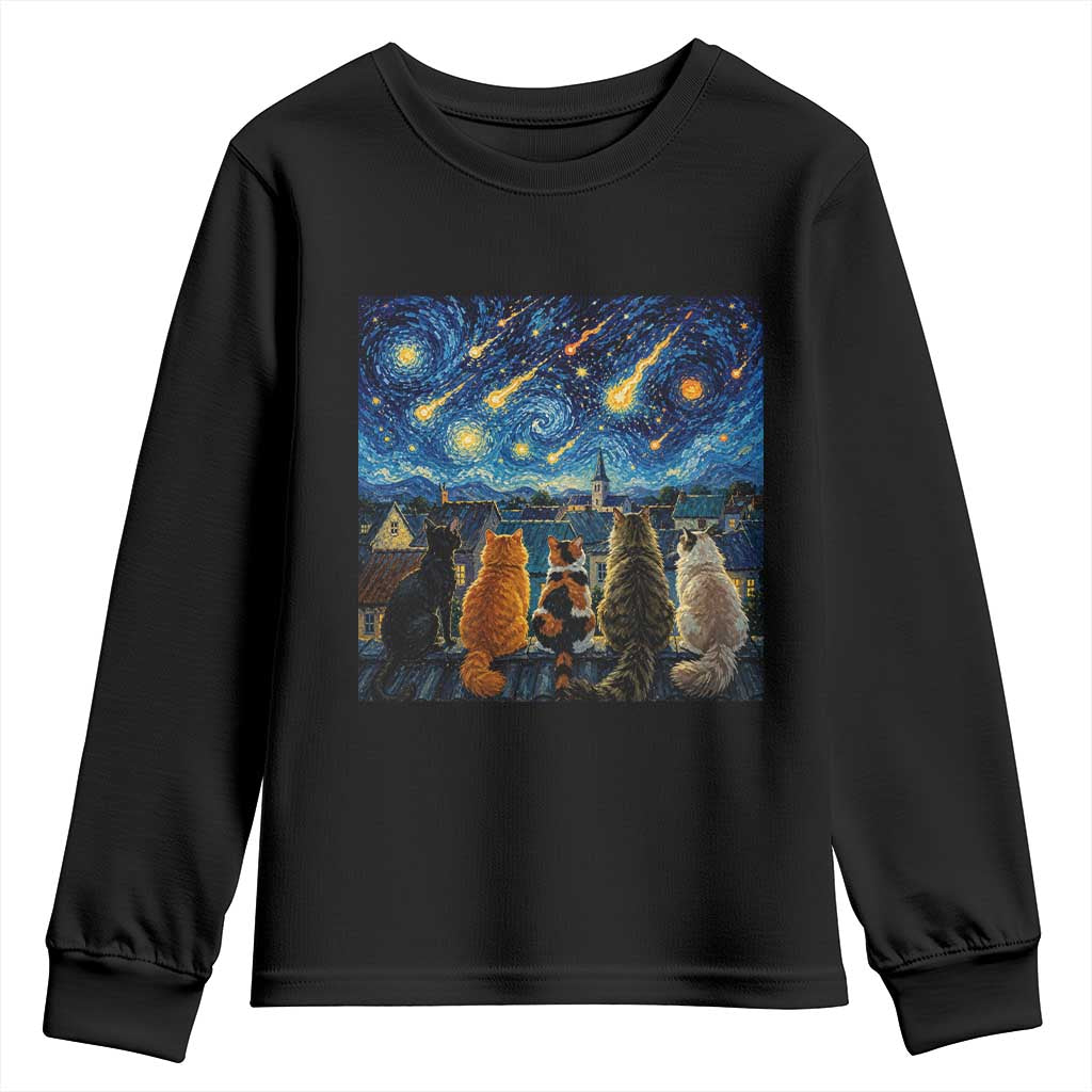 Starry Night Cats Watching Meteors Youth Sweatshirt Astronomy Lover Gift TS12 Black Print Your Wear