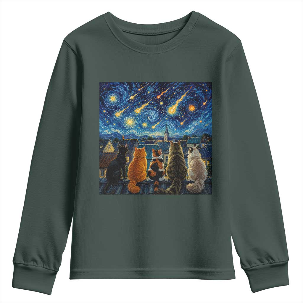 Starry Night Cats Watching Meteors Youth Sweatshirt Astronomy Lover Gift TS12 Dark Forest Green Print Your Wear