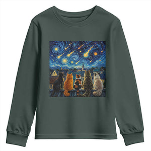 Starry Night Cats Watching Meteors Youth Sweatshirt Astronomy Lover Gift TS12 Dark Forest Green Print Your Wear