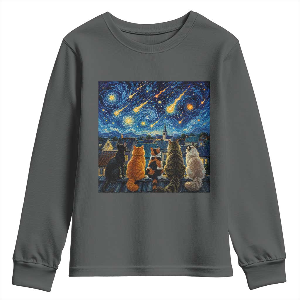 Starry Night Cats Watching Meteors Youth Sweatshirt Astronomy Lover Gift TS12 Dark Heather Print Your Wear