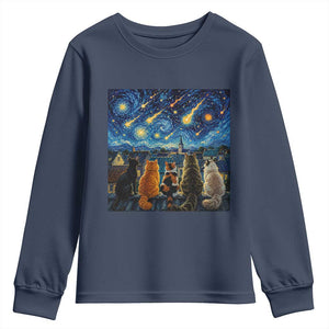 Starry Night Cats Watching Meteors Youth Sweatshirt Astronomy Lover Gift TS12 Navy Print Your Wear