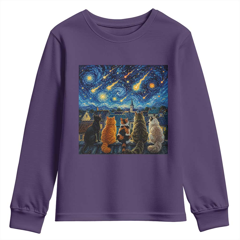 Starry Night Cats Watching Meteors Youth Sweatshirt Astronomy Lover Gift TS12 Purple Print Your Wear