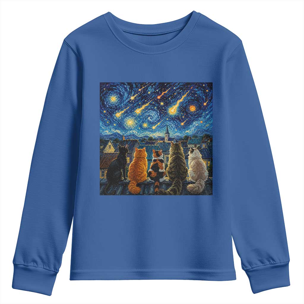 Starry Night Cats Watching Meteors Youth Sweatshirt Astronomy Lover Gift TS12 Royal Blue Print Your Wear