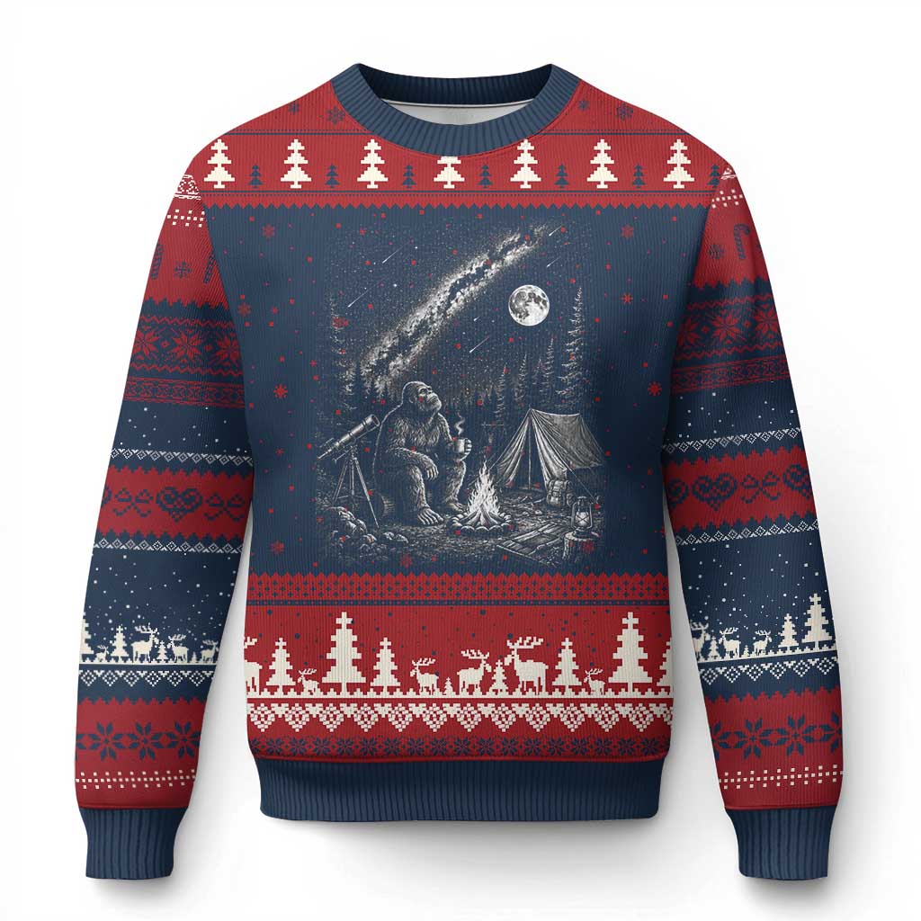 Bigfoot Camping Under Meteor Showers Ugly Christmas Sweater Stargazer Gift TS12 Navy Red Print Your Wear