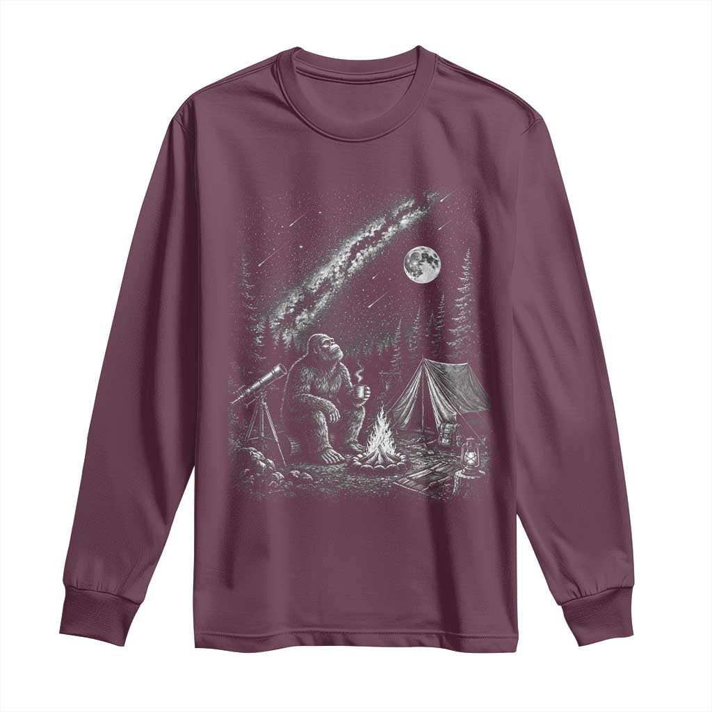 Bigfoot Camping Under Meteor Showers Long Sleeve Shirt Stargazer Gift TS12 Maroon Print Your Wear