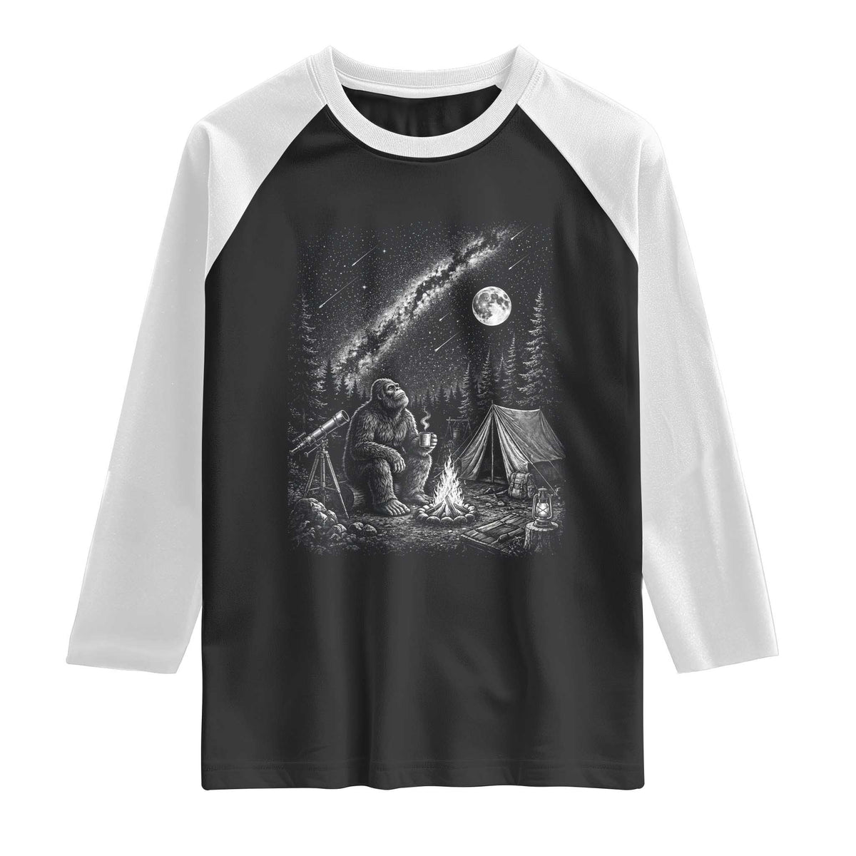 Bigfoot Camping Under Meteor Showers Raglan Shirt Stargazer Gift TS12 Black White Print Your Wear