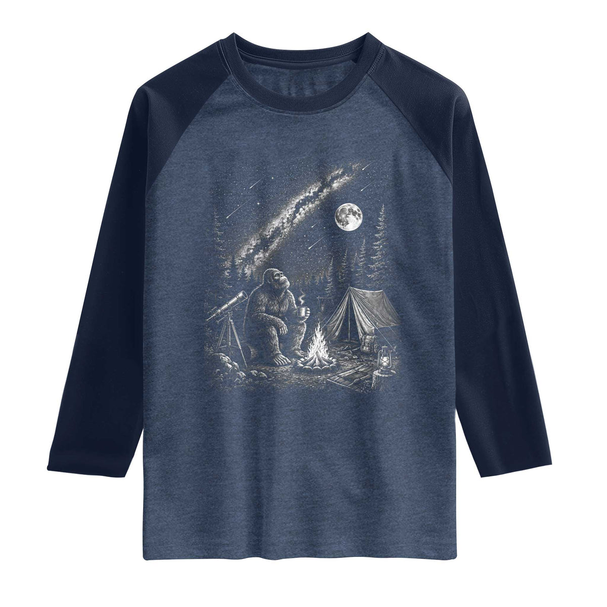 Bigfoot Camping Under Meteor Showers Raglan Shirt Stargazer Gift TS12 Heather Denim Navy Print Your Wear
