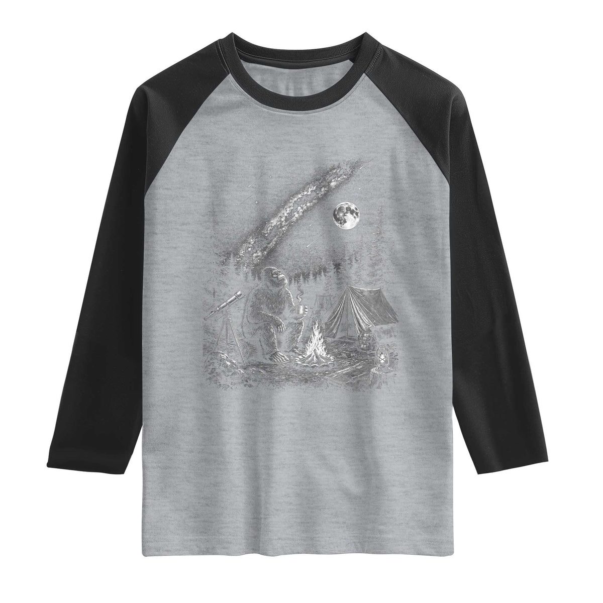 Bigfoot Camping Under Meteor Showers Raglan Shirt Stargazer Gift TS12 Heather Gray Black Print Your Wear