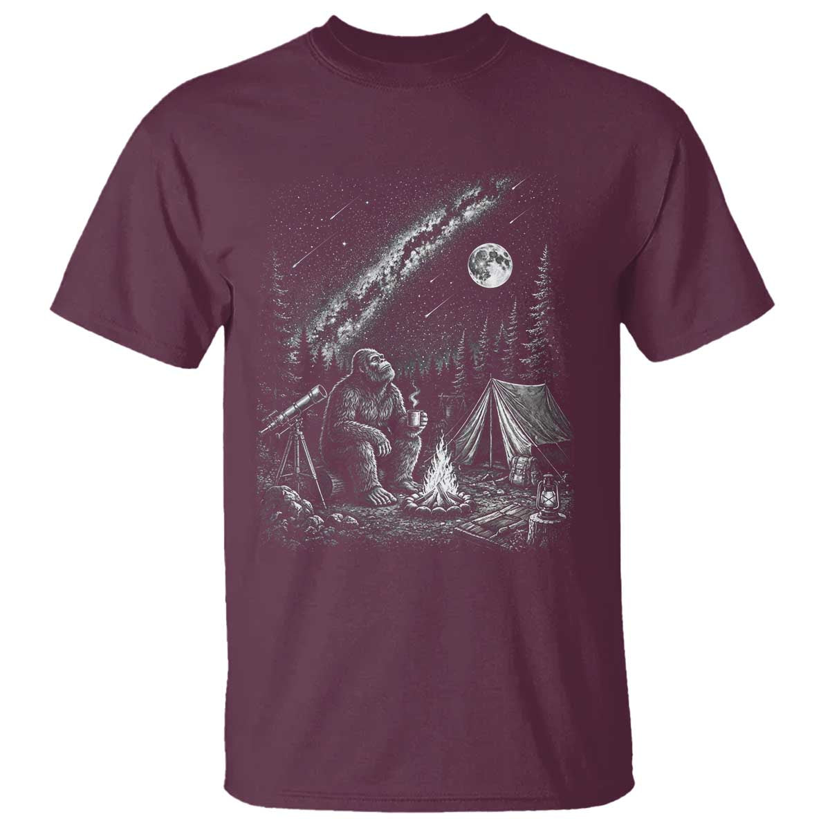Bigfoot Camping Under Meteor Showers T Shirt Stargazer Gift TS12 Maroon Print Your Wear