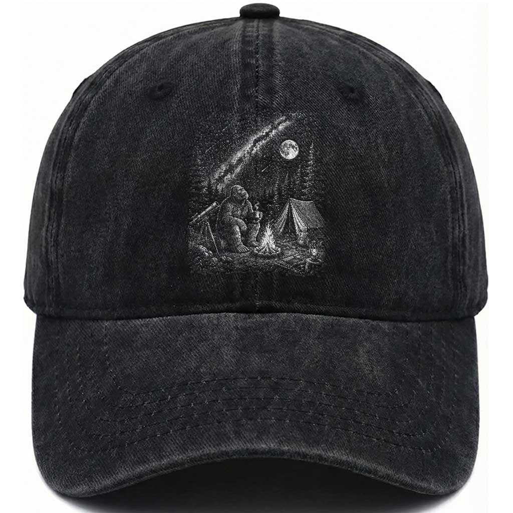 Bigfoot Camping Under Meteor Showers Washed Cotton Baseball Cap Stargazer Gift TS12 Print Your Wear