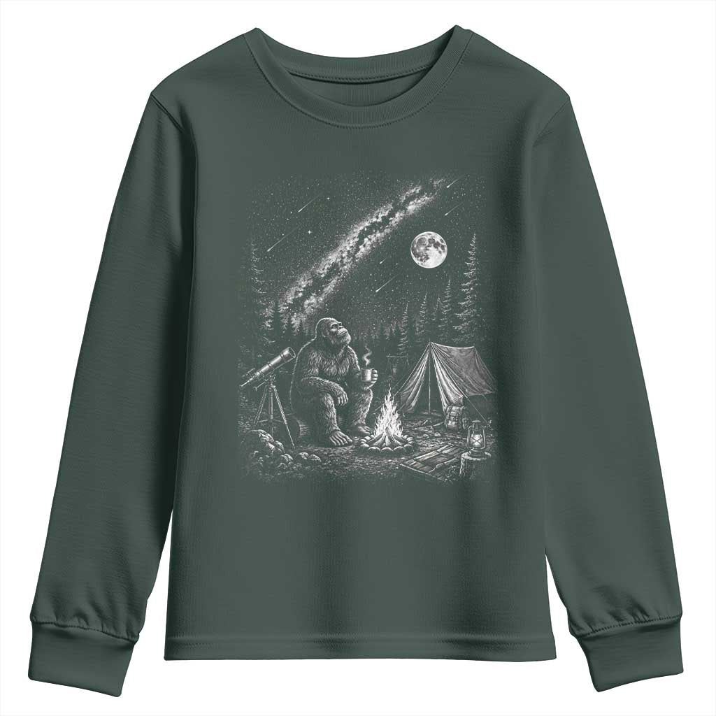 Bigfoot Camping Under Meteor Showers Youth Sweatshirt Stargazer Gift TS12 Dark Forest Green Print Your Wear