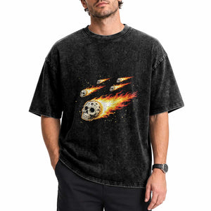Skull Meteorite Washed Cotton T-Shirt Deep Space Asteroid Meteor Shower
