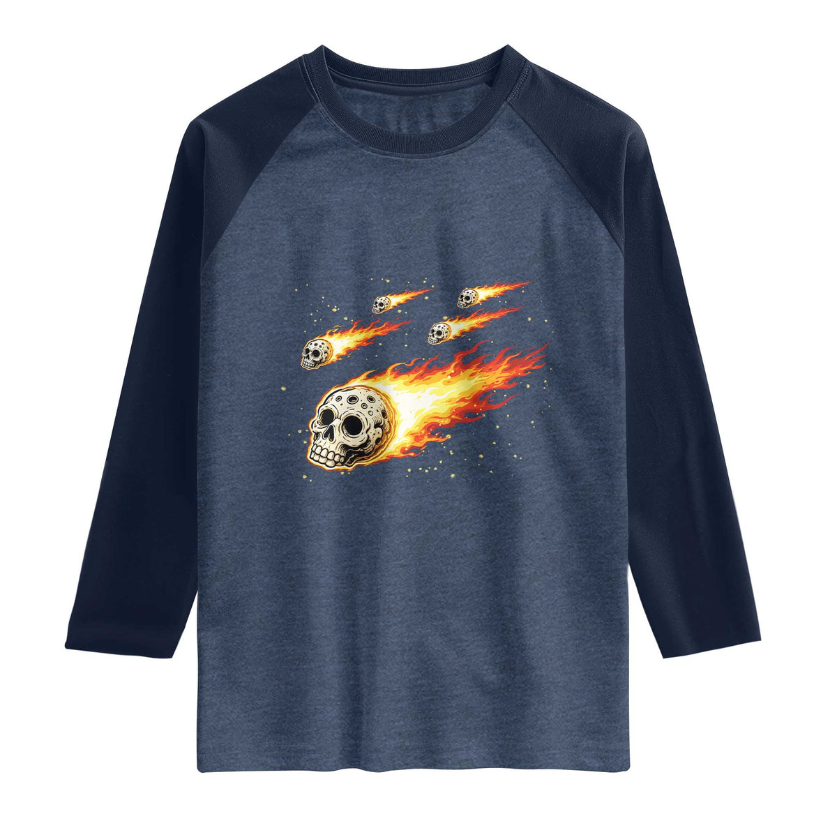 Skull Meteorite Raglan Shirt Deep Space Asteroid Meteor Shower TS12 Heather Denim Navy Print Your Wear