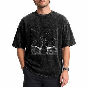 Meteor Shower Science Gift Washed Cotton T-Shirt Dog Watching Stars
