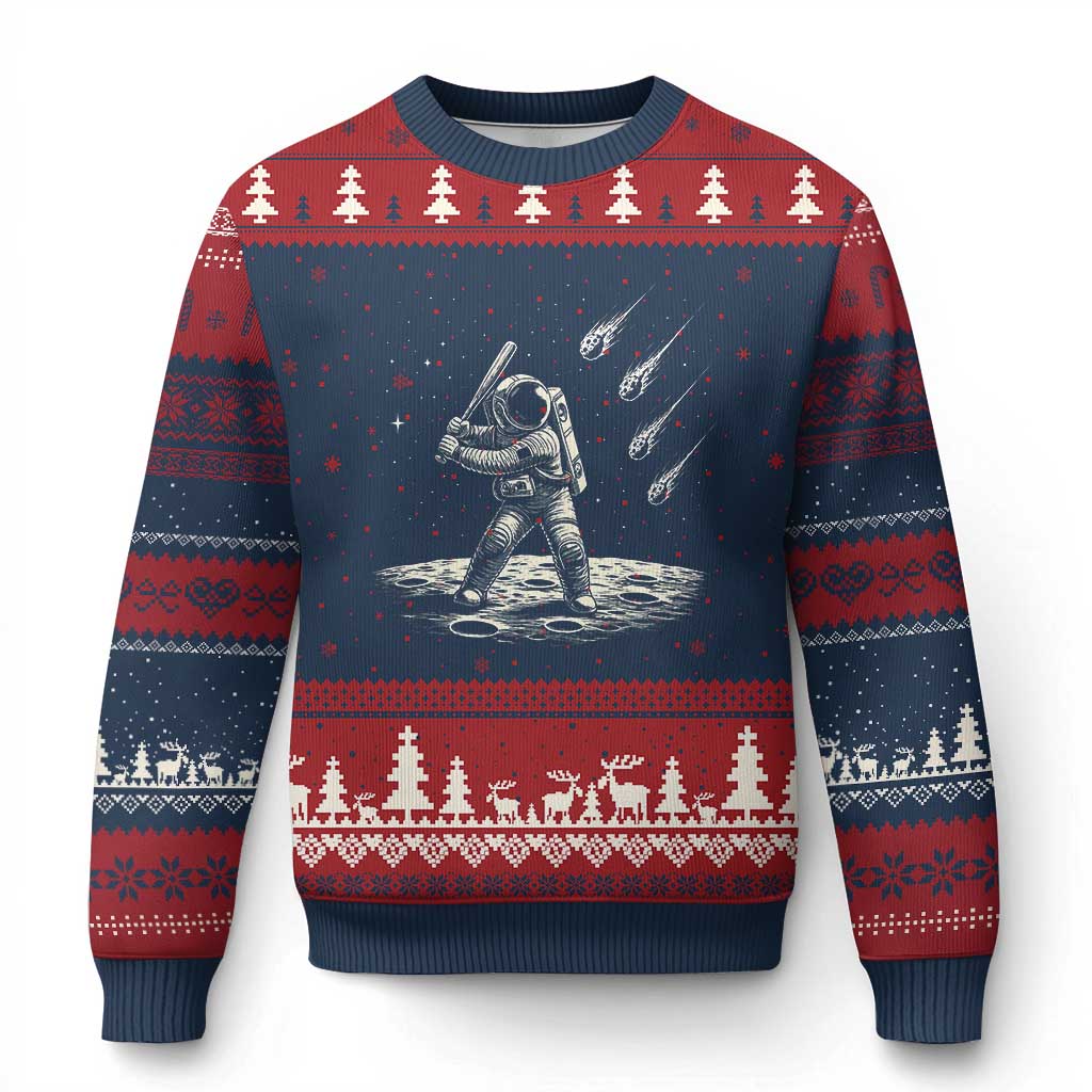 Funny Astronaut Smashing Meteors In Space Ugly Christmas Sweater Astronomy Lover Gift TS12 Navy Red Print Your Wear