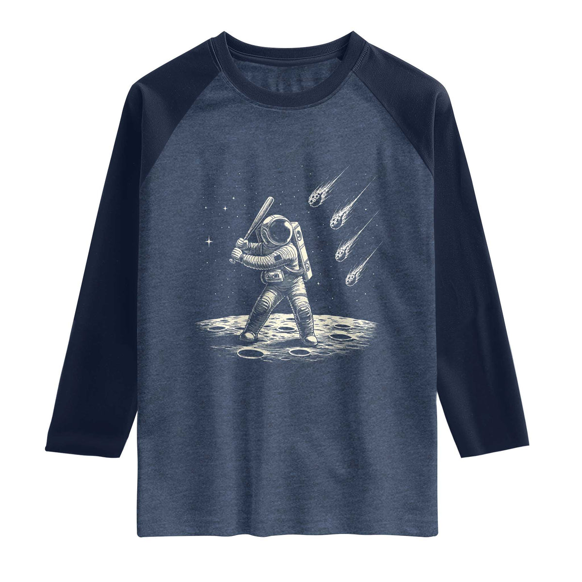 Funny Astronaut Smashing Meteors In Space Raglan Shirt Astronomy Lover Gift TS12 Heather Denim Navy Print Your Wear