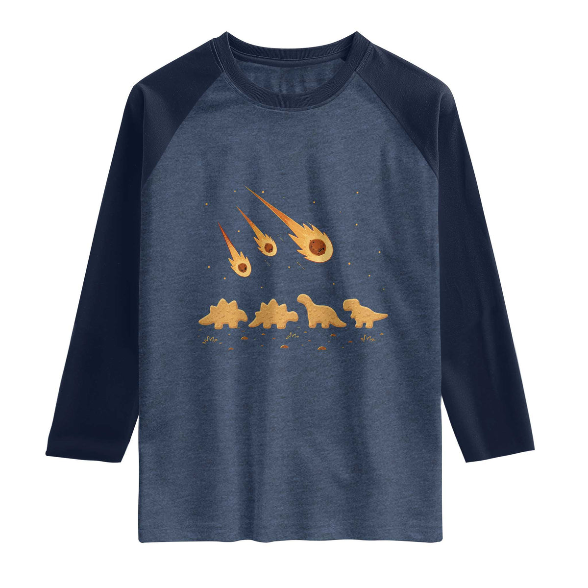 Funny Dino Chicken Nuggets Meteor Shower Raglan Shirt Food Lover TS12 Heather Denim Navy Print Your Wear