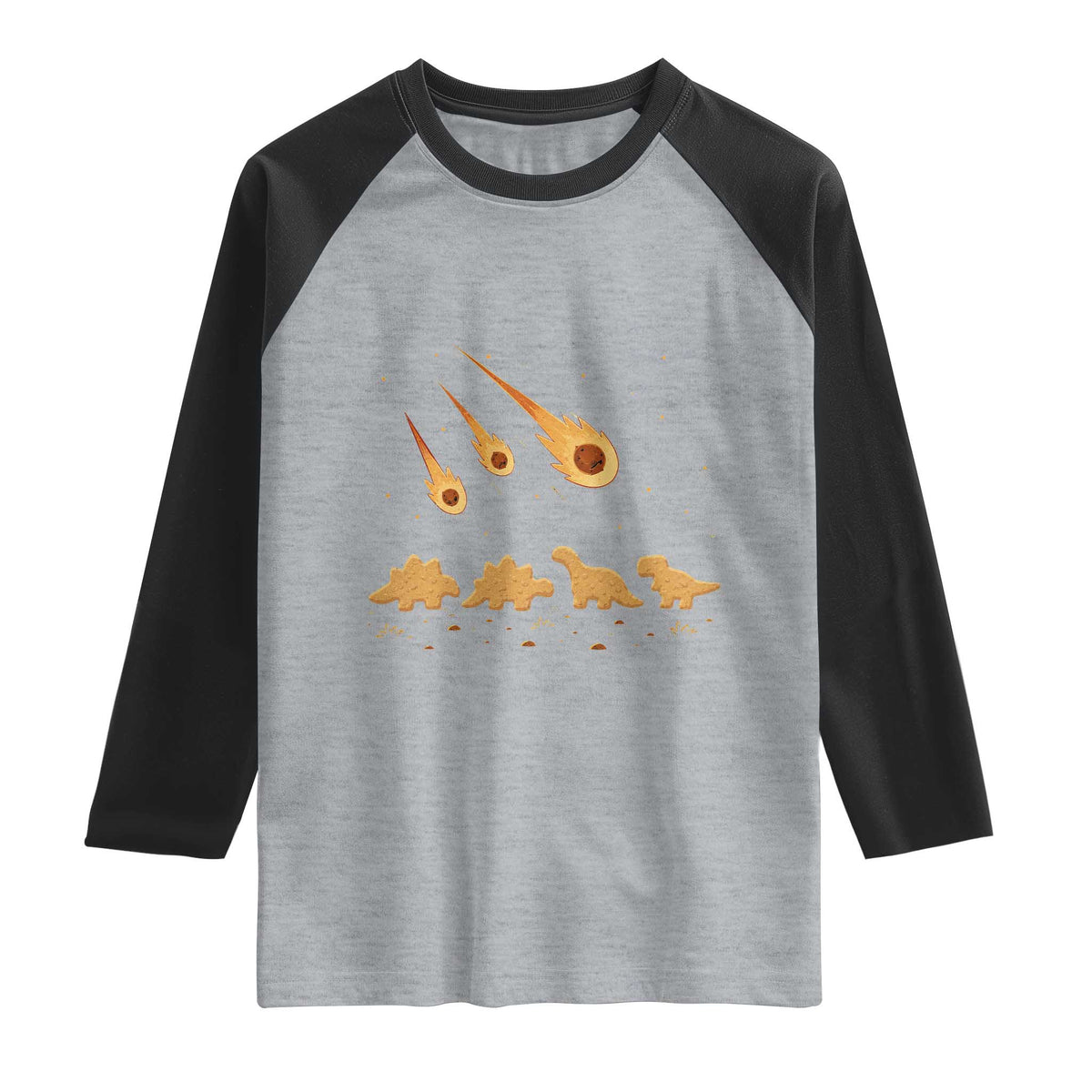 Funny Dino Chicken Nuggets Meteor Shower Raglan Shirt Food Lover TS12 Heather Gray Black Print Your Wear