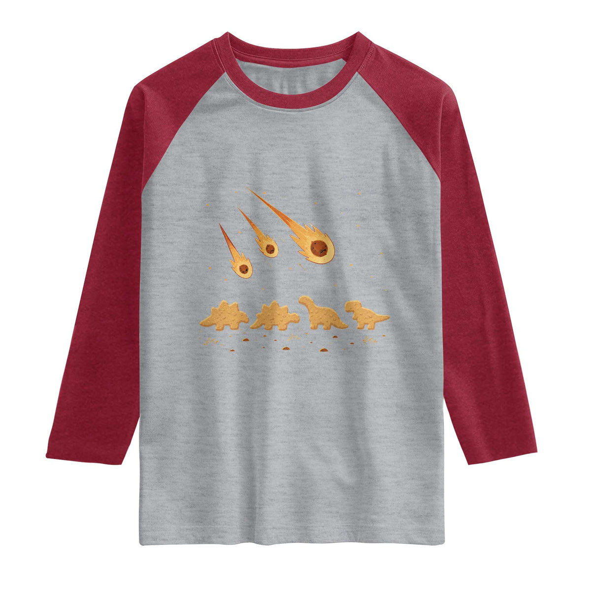Funny Dino Chicken Nuggets Meteor Shower Raglan Shirt Food Lover TS12 Heather Gray Heather Red Print Your Wear
