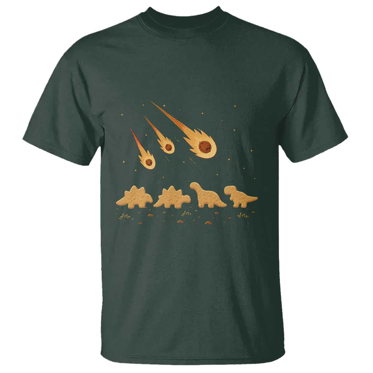 Funny Dino Chicken Nuggets Meteor Shower T Shirt Food Lover TS12 Dark Forest Green Print Your Wear