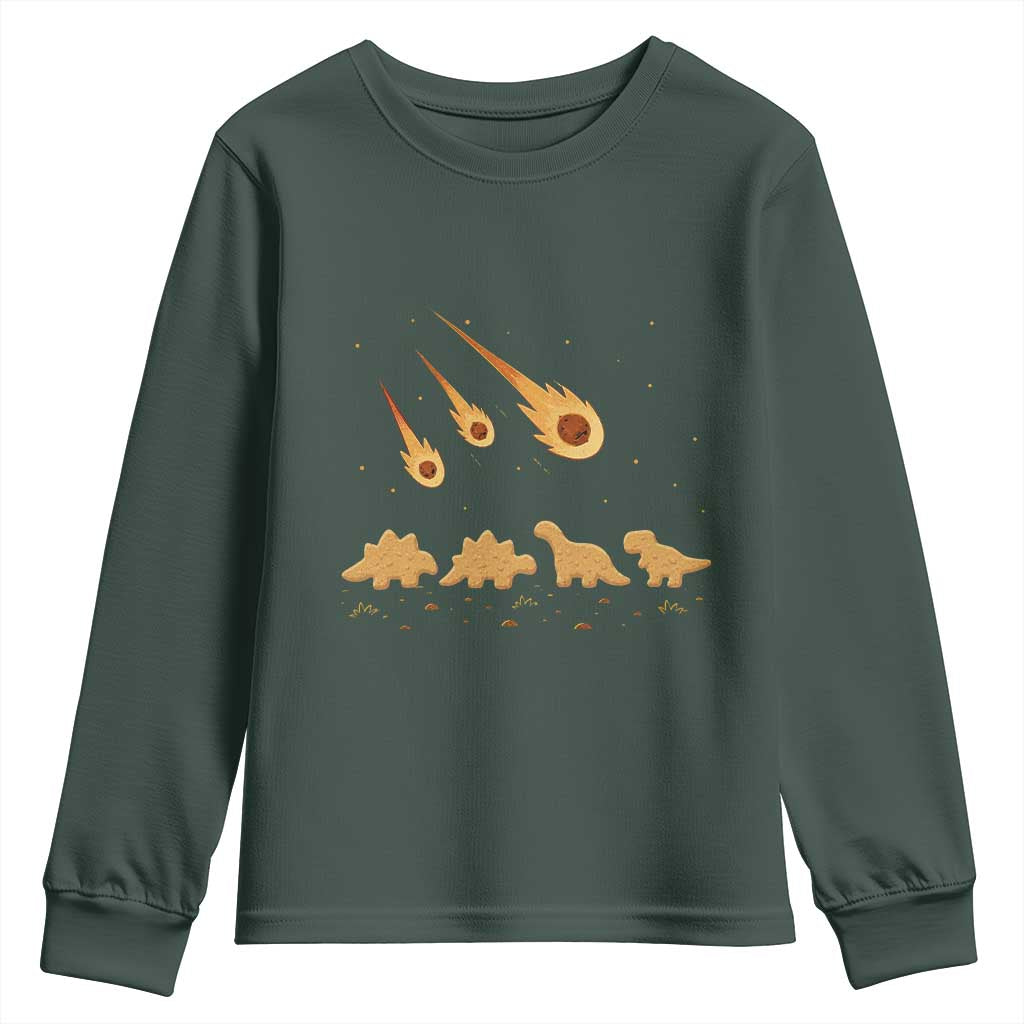 Funny Dino Chicken Nuggets Meteor Shower Youth Sweatshirt Food Lover TS12 Dark Forest Green Print Your Wear