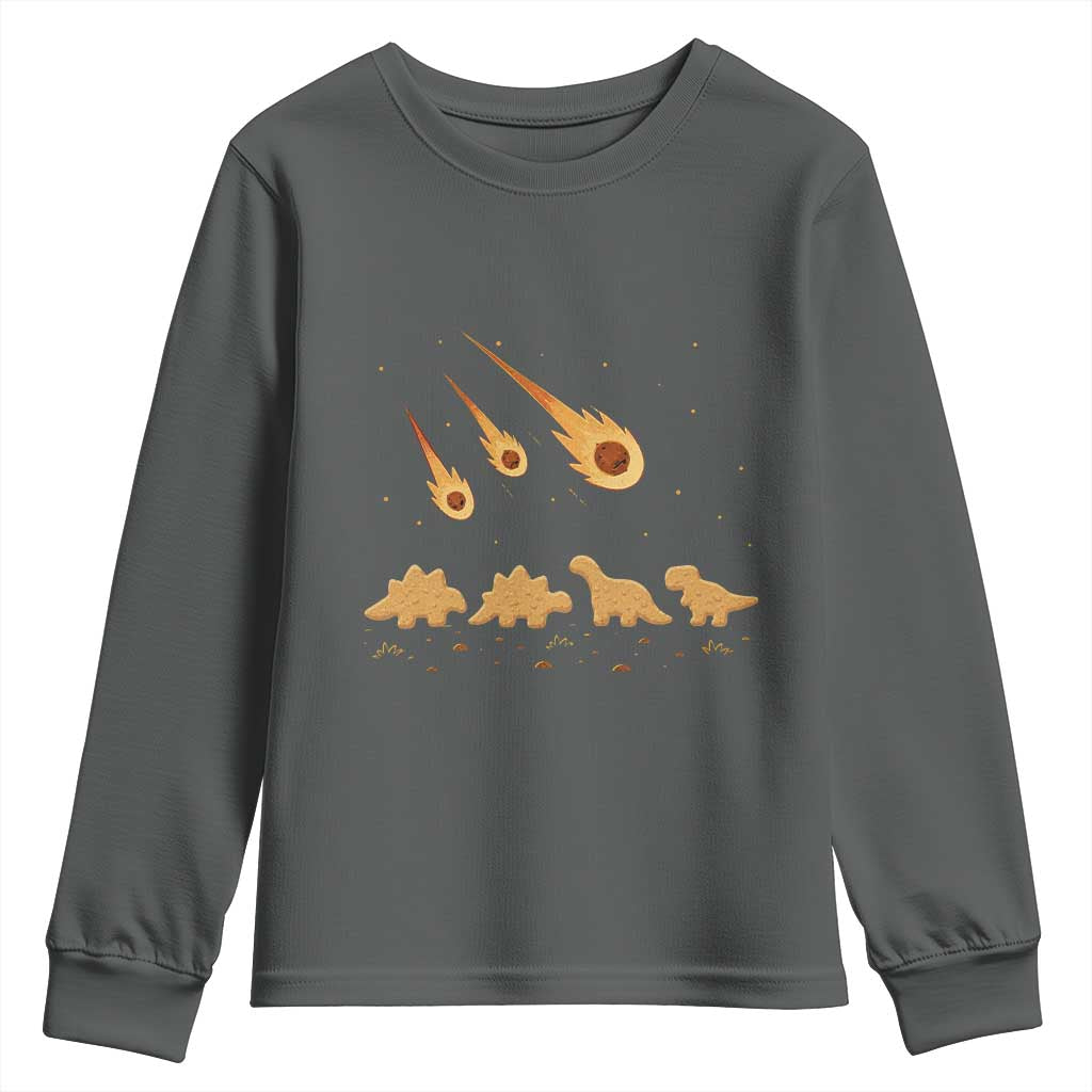 Funny Dino Chicken Nuggets Meteor Shower Youth Sweatshirt Food Lover TS12 Dark Heather Print Your Wear