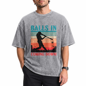Funny BaseBall Lover Washed Cotton T-Shirt Balls In Coming Down