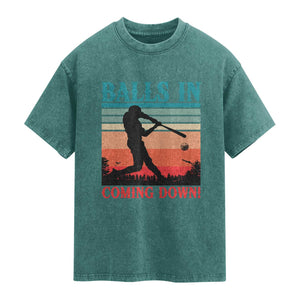 Funny BaseBall Lover Washed Cotton T-Shirt Balls In Coming Down