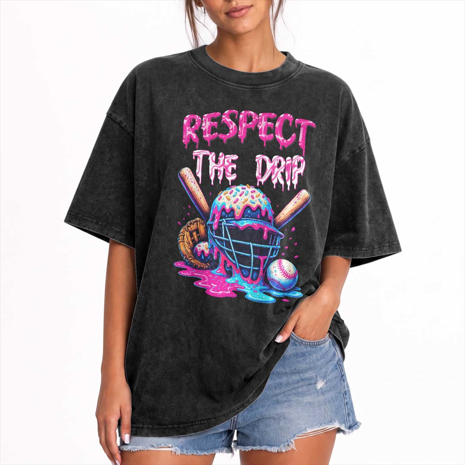 Funny Respect The Drip Baseball Mask Washed Cotton T-Shirt Sports Lover