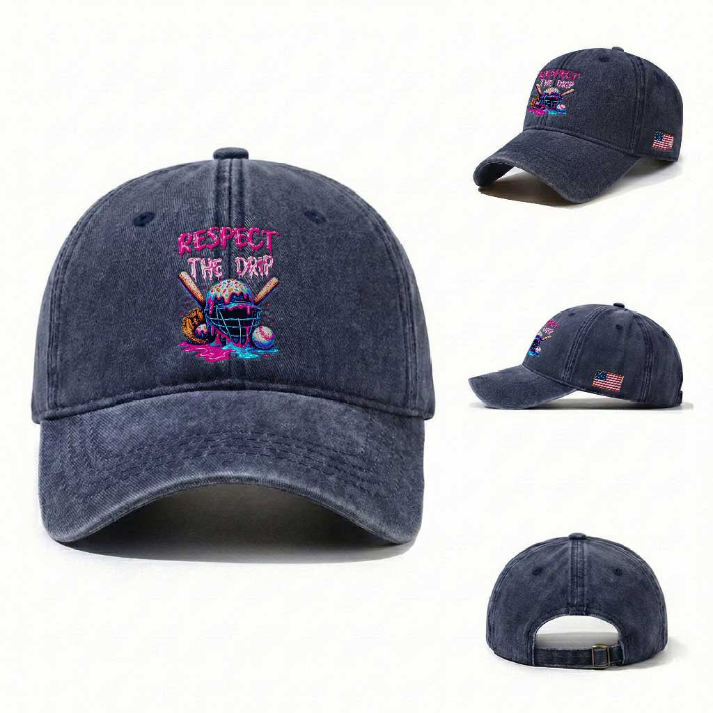 Funny Respect The Drip Baseball Mask Washed Cotton Baseball Cap Sports Lover TS12 Washed Cap Universal Fit Navy Print Your Wear